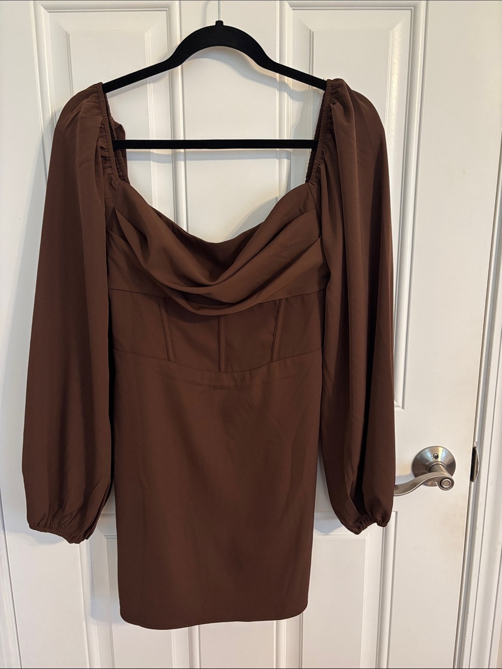Princess Polly Chocolate Brown Draped Off-Shoulder Long Sleeve Mini Dress